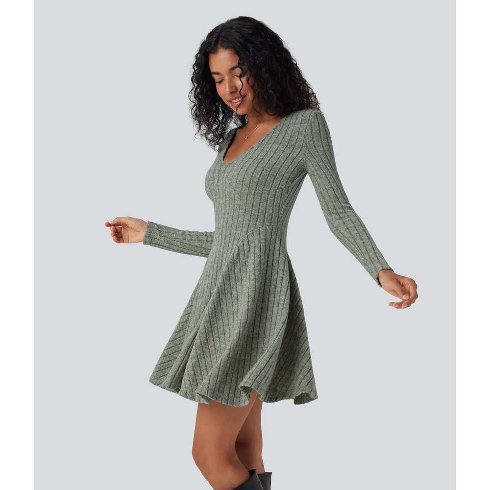 Halara M nwt gray ribbed knit vneck long sleeve flare mini dress vacation office